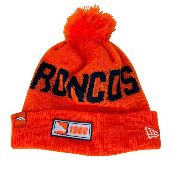 New‎ Era NFL Denver Broncos On Field Beanie Hat Pom Knit Cuffed Orange Mens OS - Picture 1 of 10